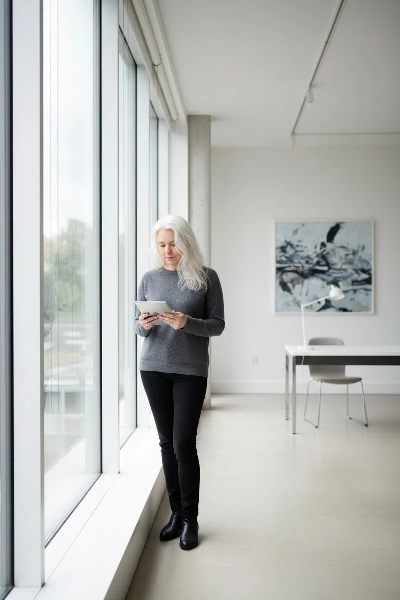 Žena v moderní kanceláři čte zprávy o AI na tabletu