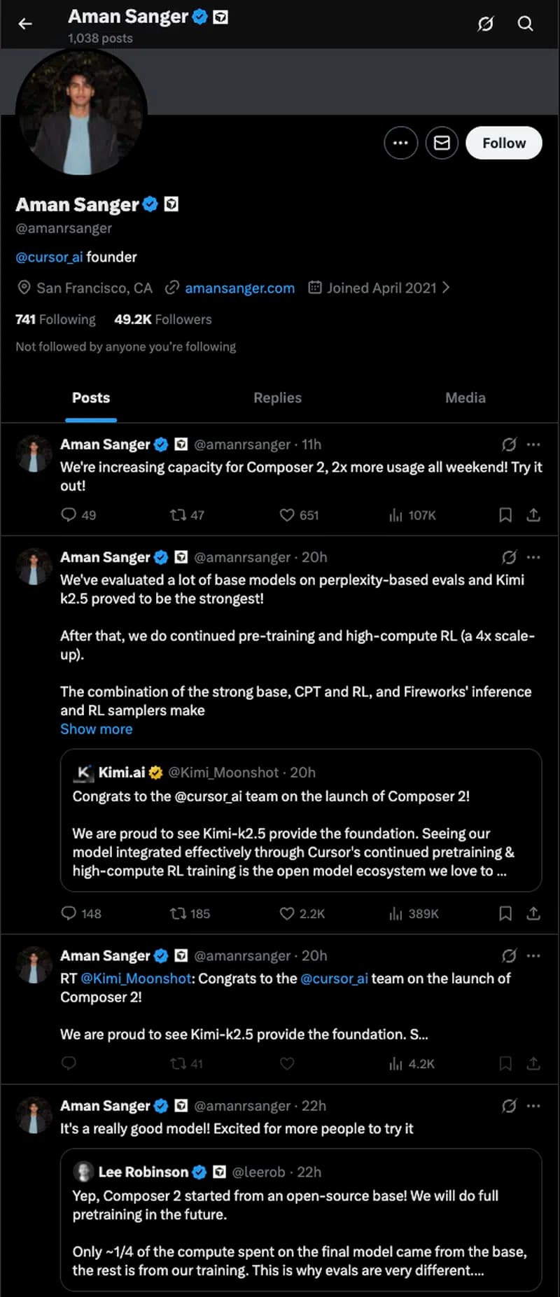 Screenshot tweetů Amana Sangera a oficálního účtu Moonshot AI